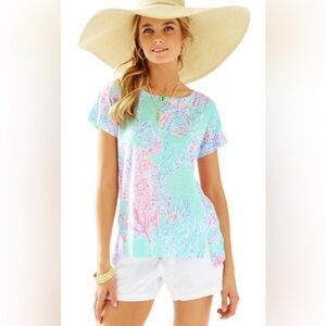 Lilly Pulitzer Mikel’s Linen Top Minty Fresh Fan Sea Size Medium Coastal Coral